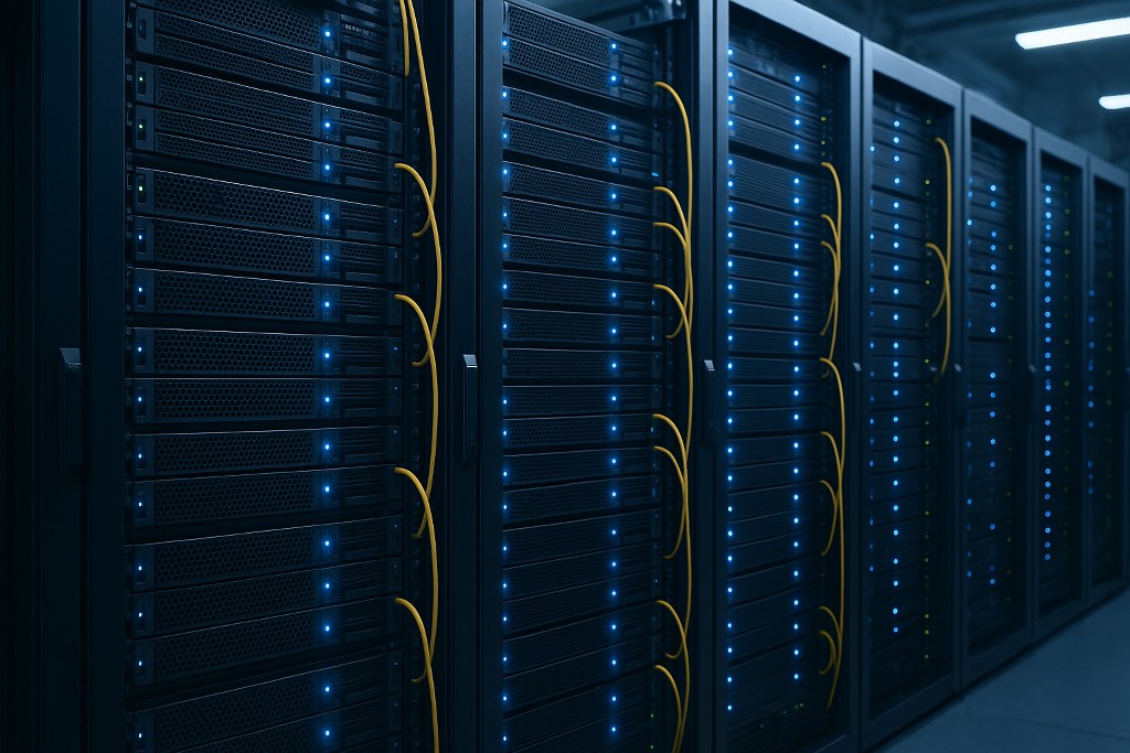 A row of physical server racks in a data center