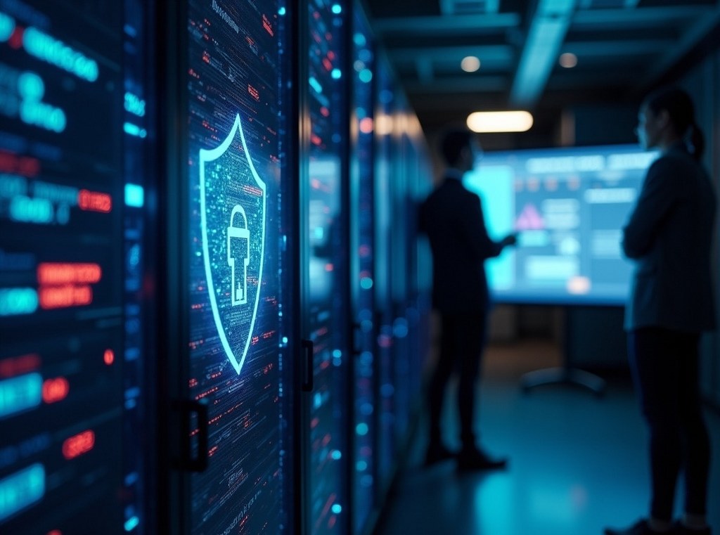 A secure data center with glowing digital shields and firewalls protecting server racks from cyber threats.