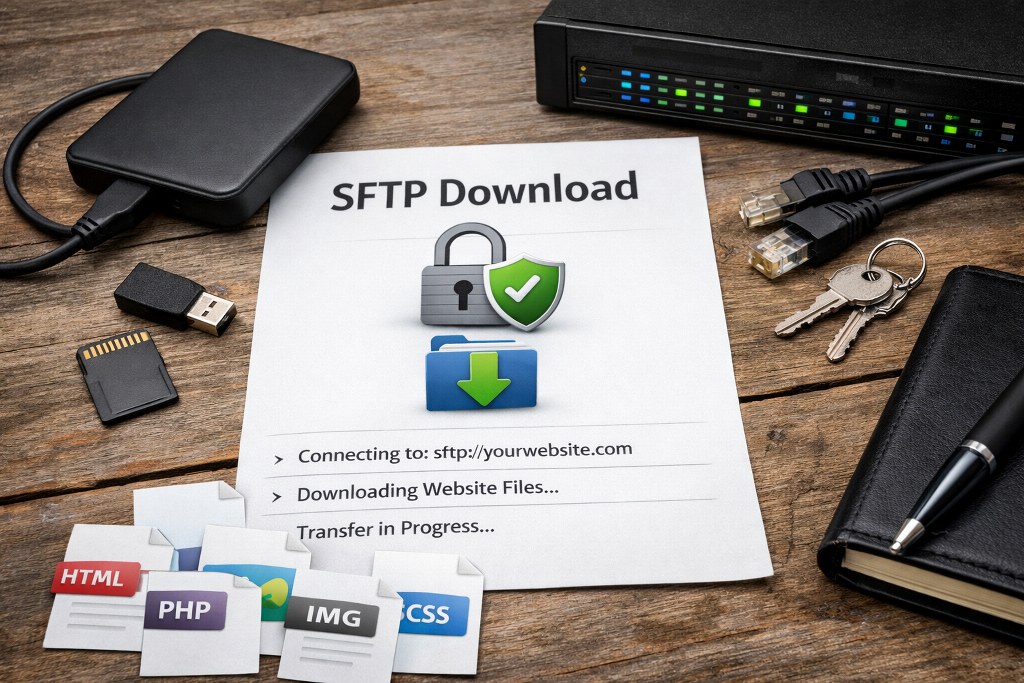 A secure, realistic scene symbolizing website file downloads via SFTP, using encrypted transfer and external storage elements