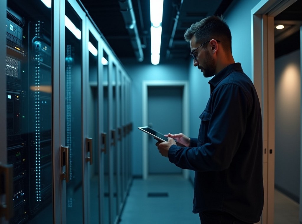A secure server rack in an exclusive, controlled room representing the security of a private cloud.