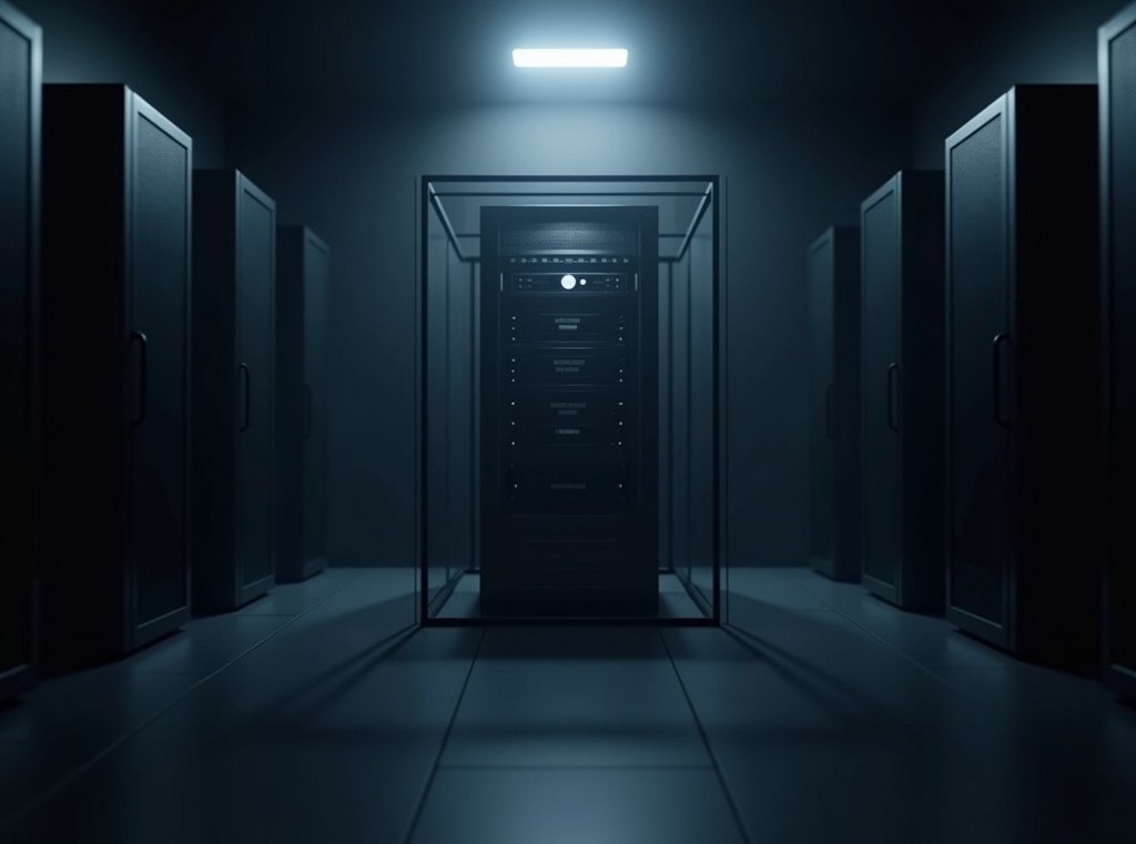 A single, highly secure server rack enclosed in a glass cube, representing a private cloud's security.