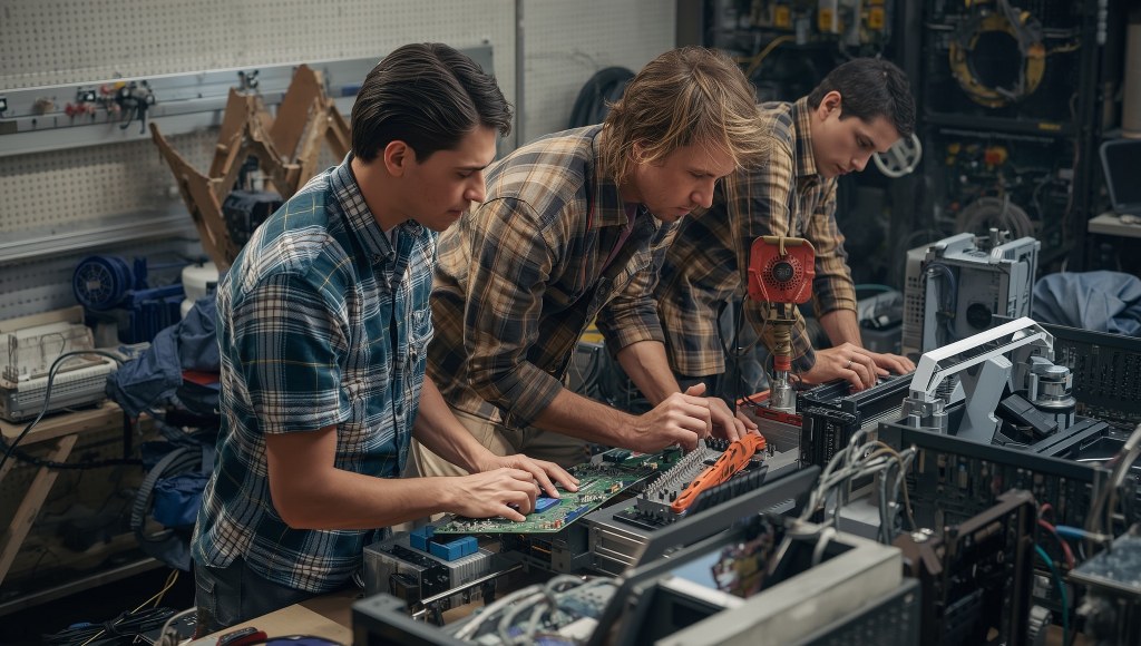 A small team of engineers or IT specialists in a workshop or tech lab.