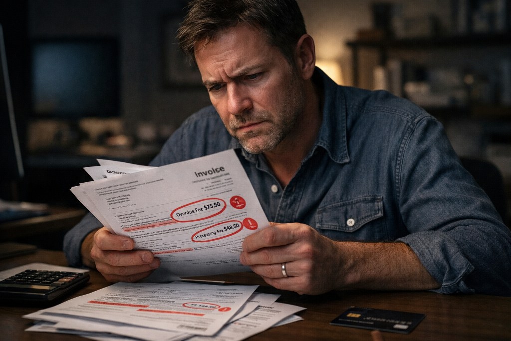 A stressed small business owner struggles with confusing bills.