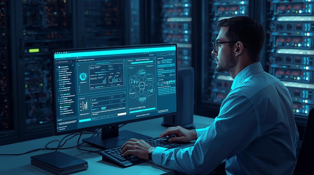 A technician in a clean, professional uniform is meticulously examining a monitor