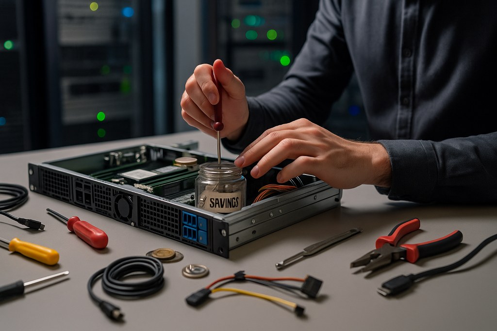 A technicians hands troubleshoot server hardware with tools on a desk