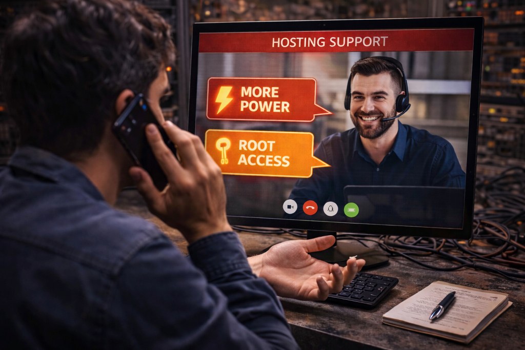 A user discussing server upgrades with a hosting provider, requesting more computing power and root-level access.