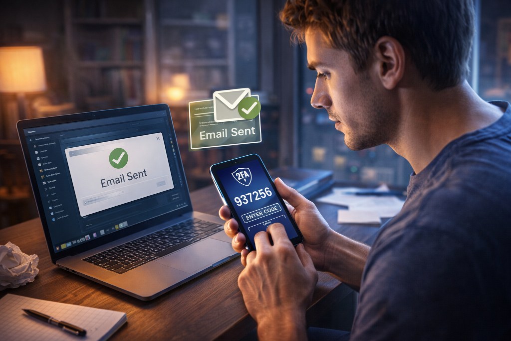A user verifies successful email delivery while confirming two-factor authentication works correctly after server setup.