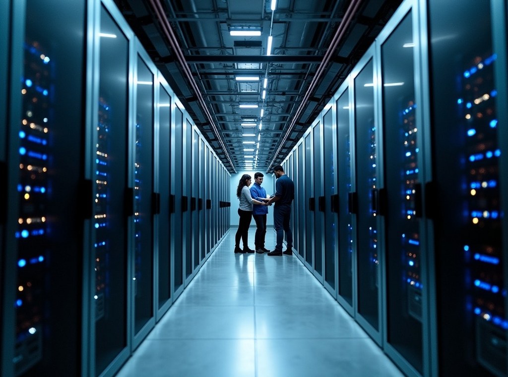 A vast and modern public cloud data center with endless rows of servers and diverse technicians at work.