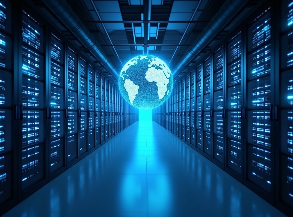 A vast, futuristic data center hall symbolizing the scale and global reach of the public cloud.