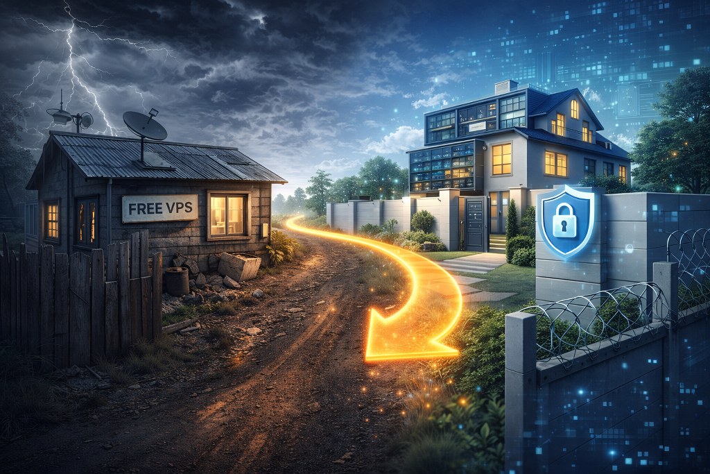 A visual journey from an unstable free VPS to a secure, high-performance server, symbolizing a safer and faster digital home.
