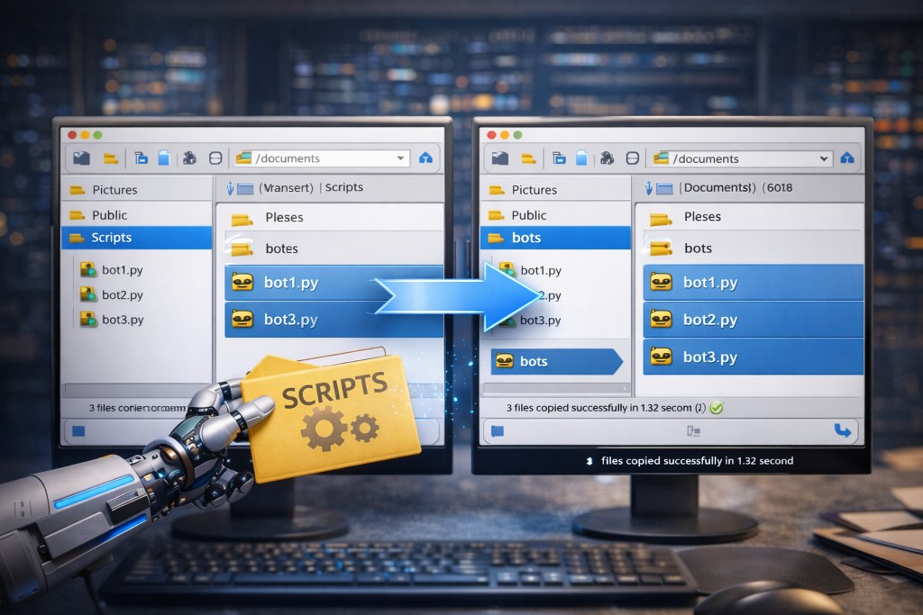 A visual of file management tools enabling easy, drag-and-drop transfer of bot scripts into a dedicated bots directory.