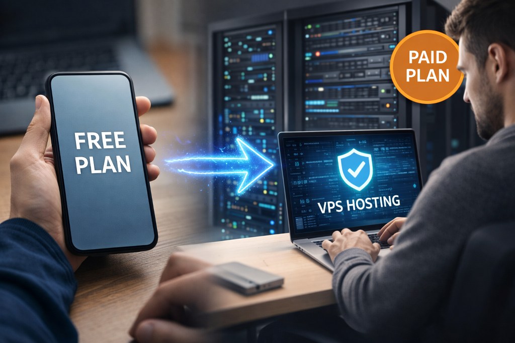 A visual transition from basic hosting to a secure, professionally managed VPS environment with enhanced stability and control.