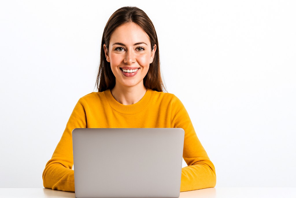 A woman smiling while using a laptop.