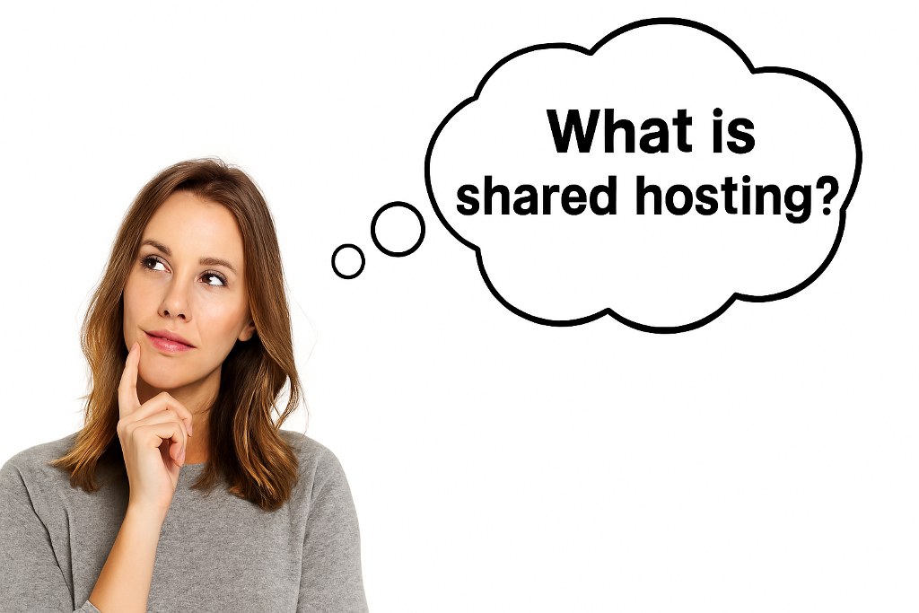 A woman thinking about what Shared Hosting is.