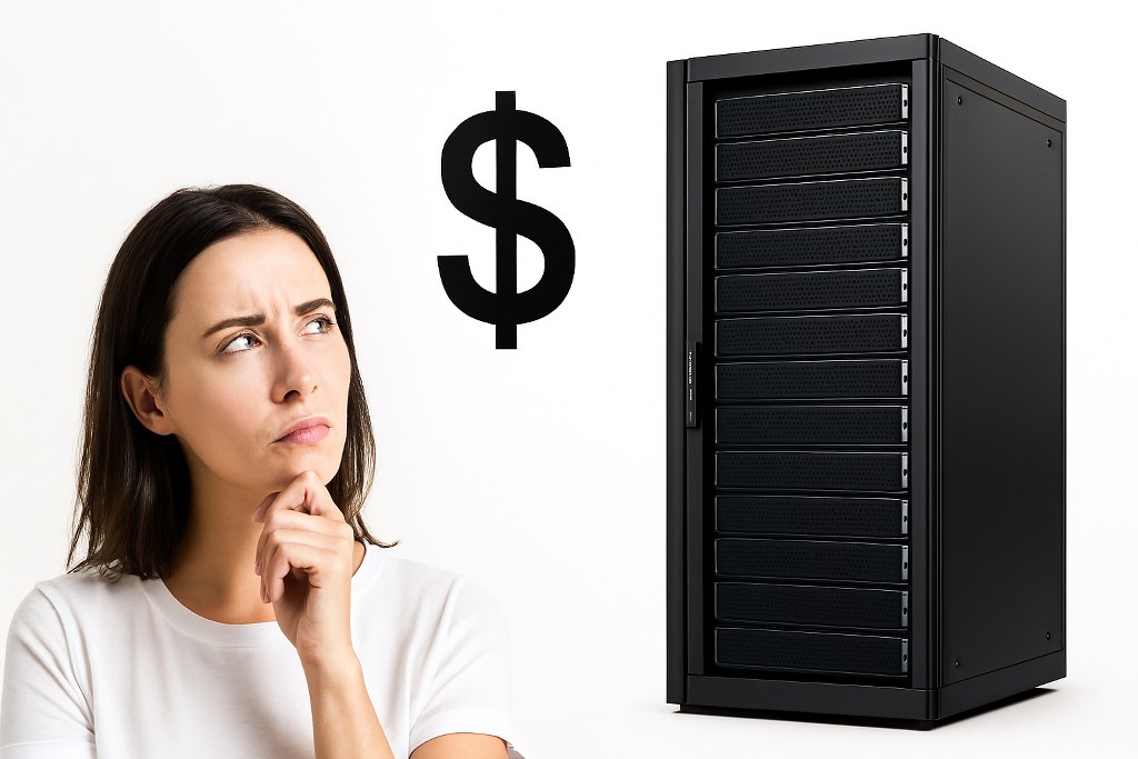 A woman thinking next to a server rack and a floating dollar sign.