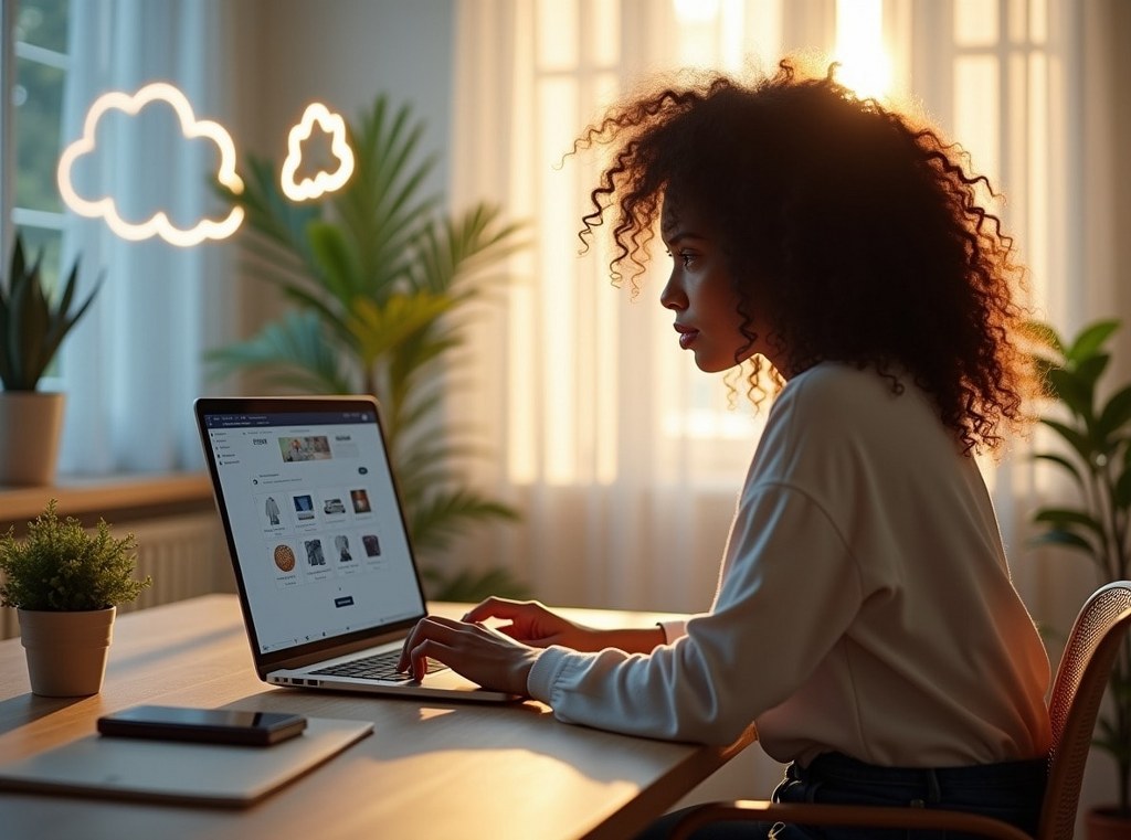 A woman using a drag-and-drop website builder on her laptop, leveraging cloud technology for her online business.