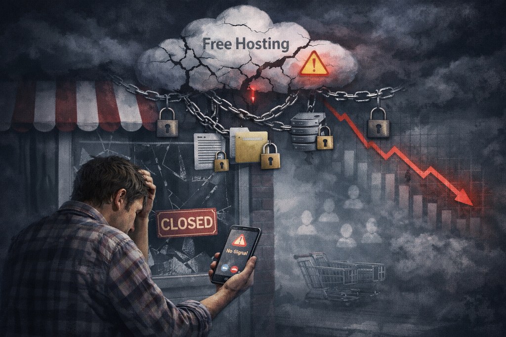 A worried business owner stands outside a closed shop as a cracked Free Hosting