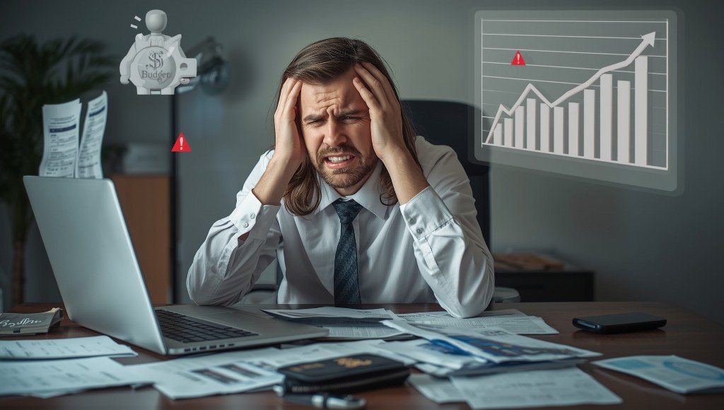 A worried businessperson sitting at a desk covered with invoices.