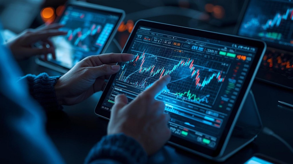 Advanced trading technology and strategic financial operations, focusing on the interface and data visualization on the tablets without any laptops or computers present.
