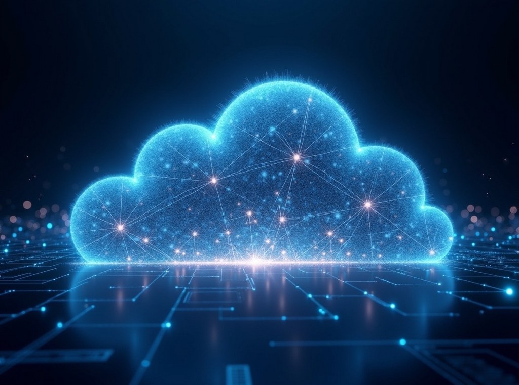 An abstract digital visualization of a cloud computing architecture with glowing nodes and data streams.