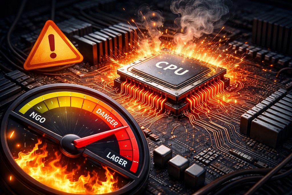 An overheated CPU glows and sparks as performance rapidly drops, symbolizing severe throttling and system slowdown under heavy load.
