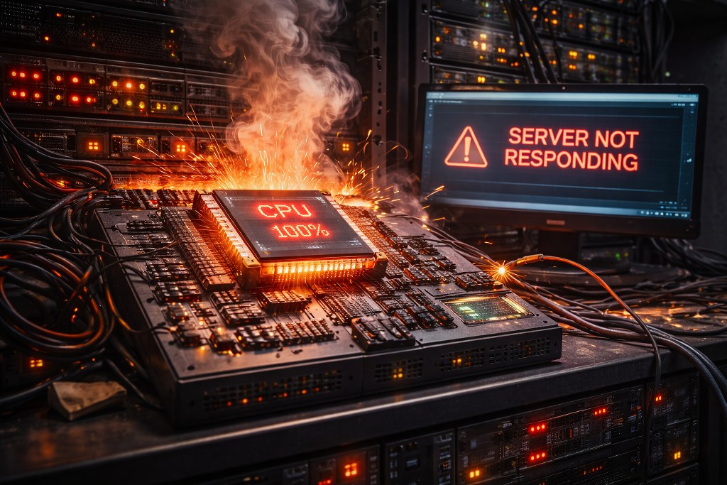 An overheated server with a CPU pushed to its limits, glowing and sparking as system responsiveness breaks down under extreme load.
