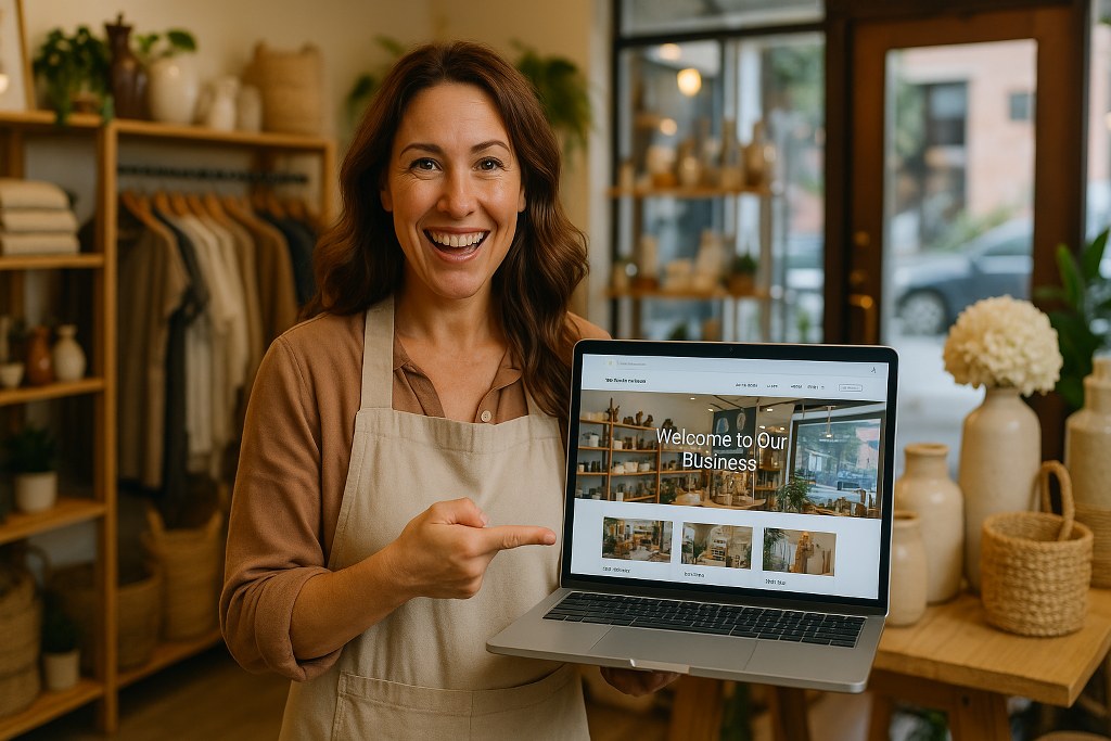 Business owner happy to present business website.
