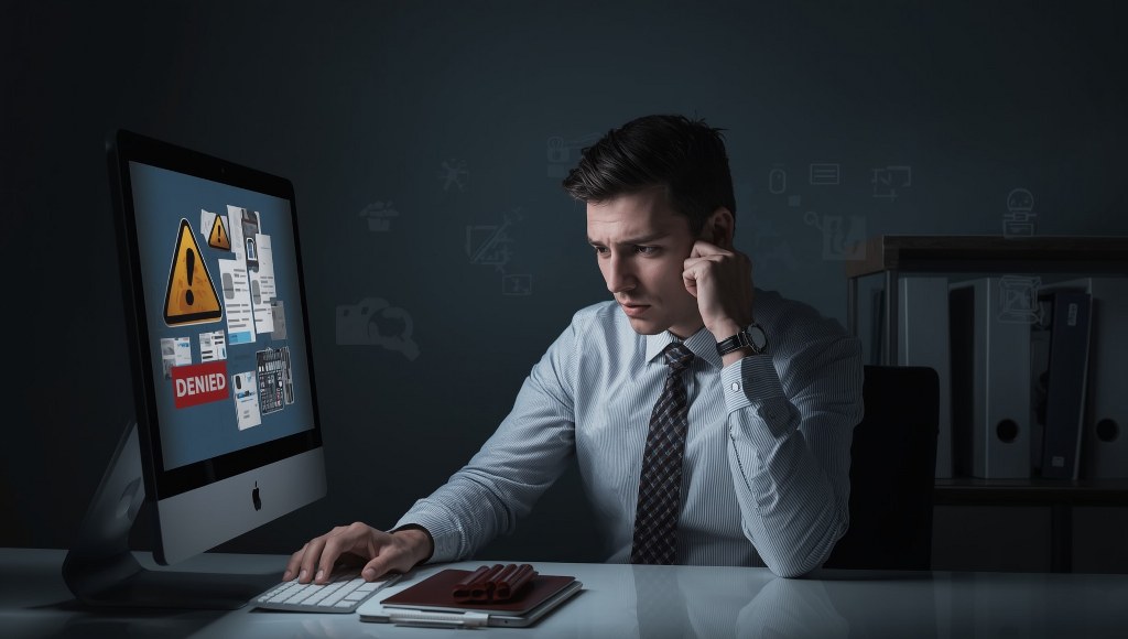 Business professional looking at a computer screen filled with warning signs.