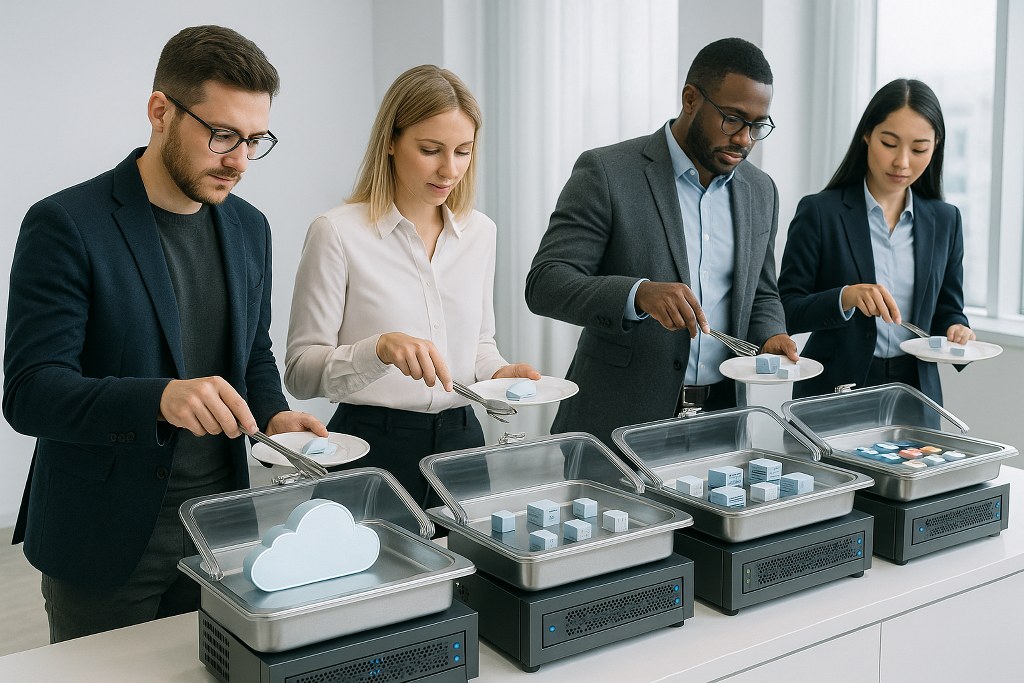 Business professionals choose cloud services from a tech-themed buffet.
