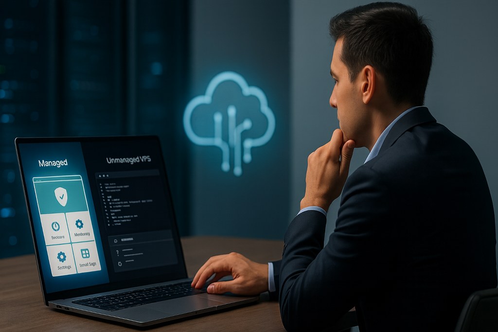 Businessman choosing between split screen showing Managed and Self-Managed VPS Hosting.