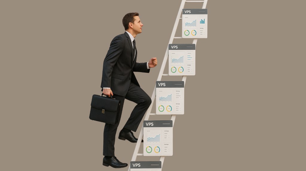 Businessman climbing up a ladder with VPS control panels as steps.