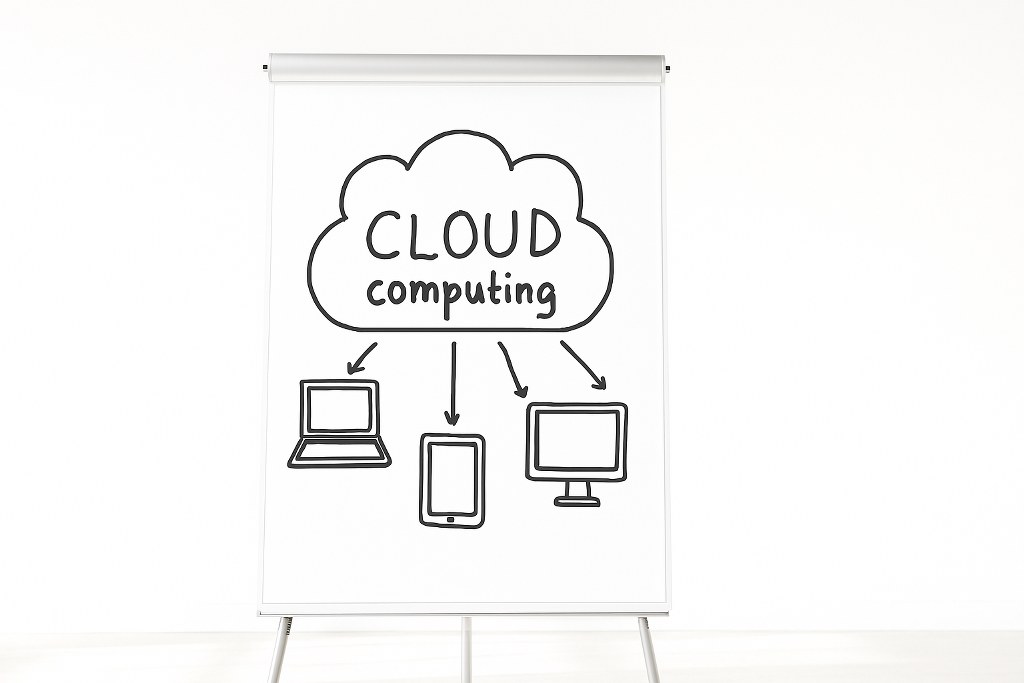 Cloud computing illustration on a whiteboard.