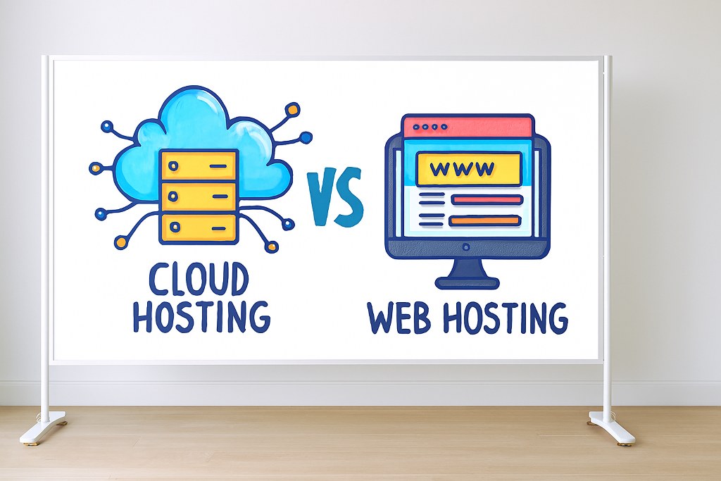 Cloud hosting vs web hosting concepts on a whiteboard.