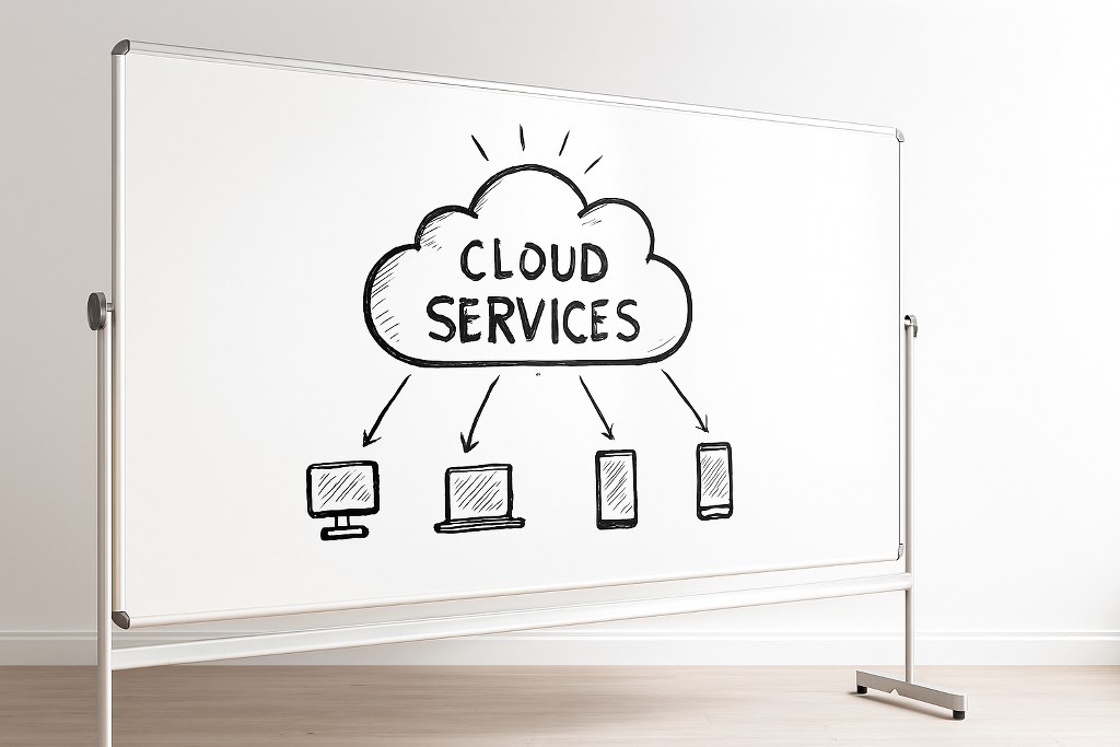 Cloud services illustration on a whiteboard.