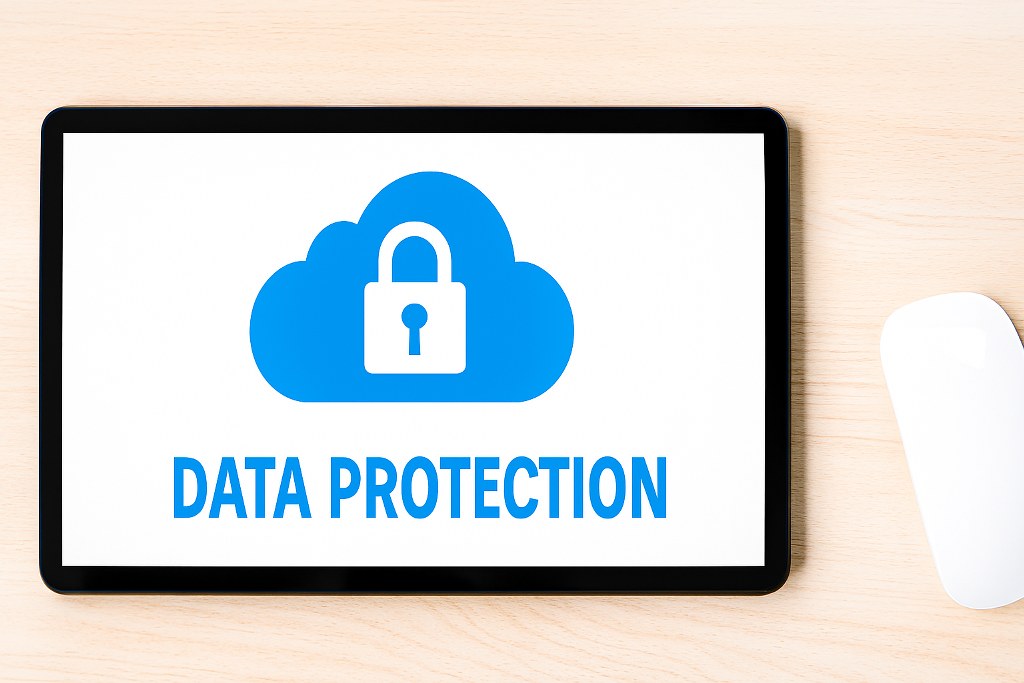 Data protection in the cloud concept on a tablet.