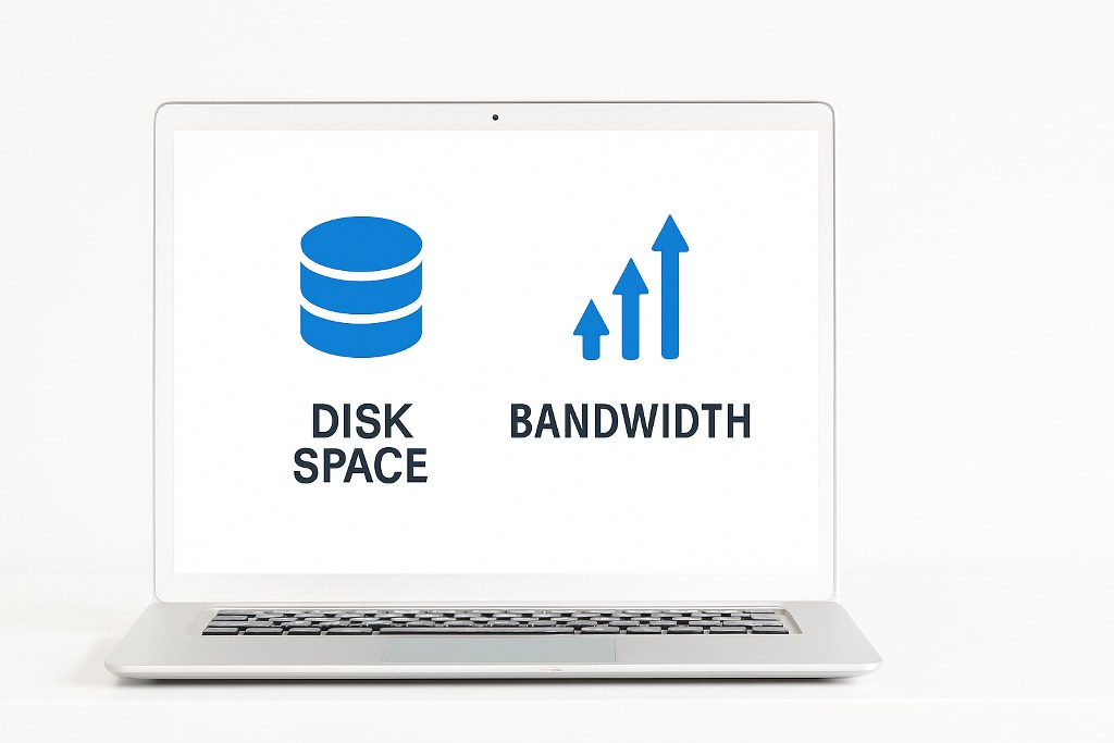 Disk space and bandwidth illustration on a laptop.