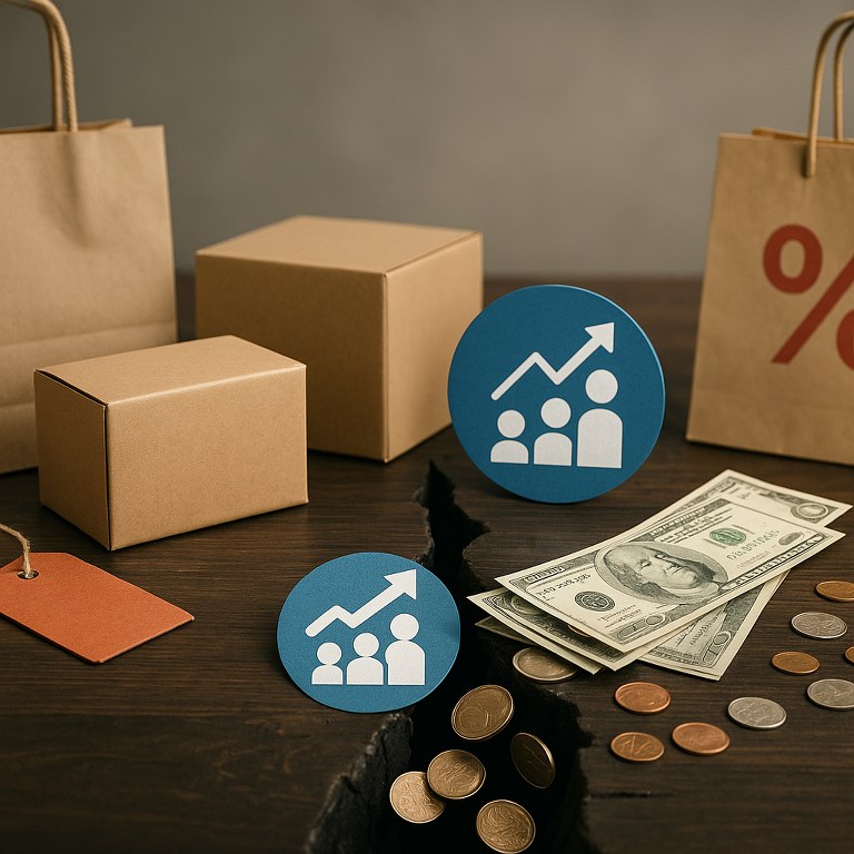 E-commerce items sit on a cracked table as money falls through the gap, symbolizing revenue lost from website downtime despite rising traffic.
