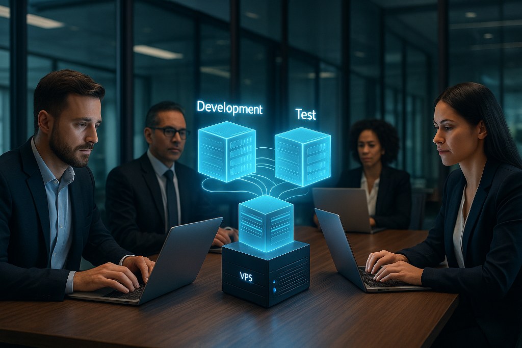 Four professionals work on laptops as a central VPS generates holographic development and testing servers.