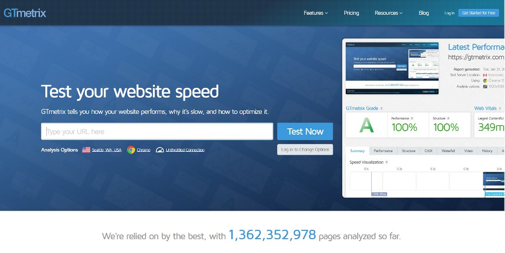 GTmetrix website homepage.