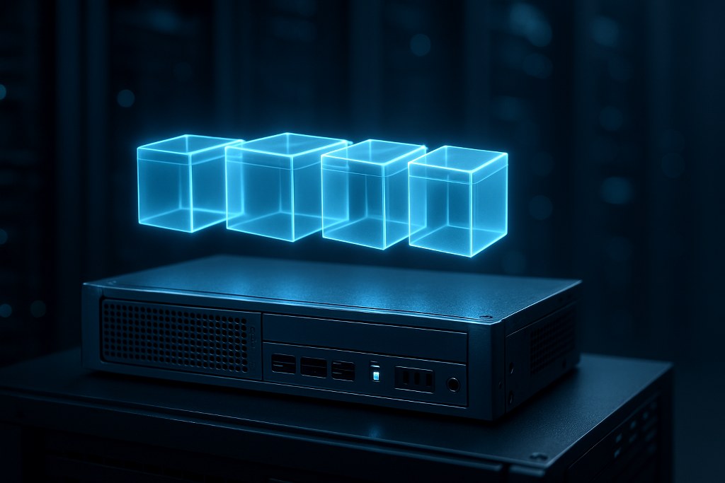 Glowing holographic containers float above a physical server in a dark data center