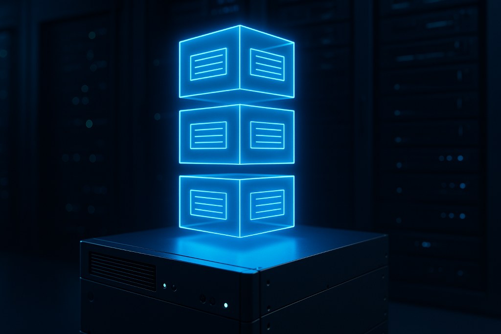 Glowing virtual server cubes float above a physical server in a dark data center