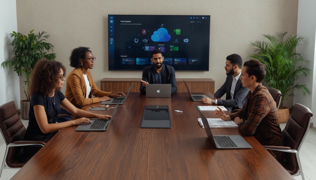Group of people discussing over a large wooden table with a sleek cloud system interface displayed on a screen.
