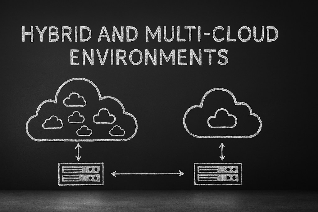 Hybrid and Multicloud environments illustrations on a blackboard.