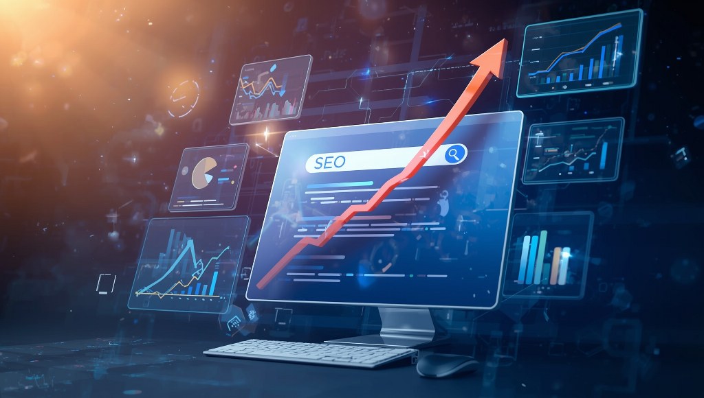 Image of graph going up with SEO elements on the background.