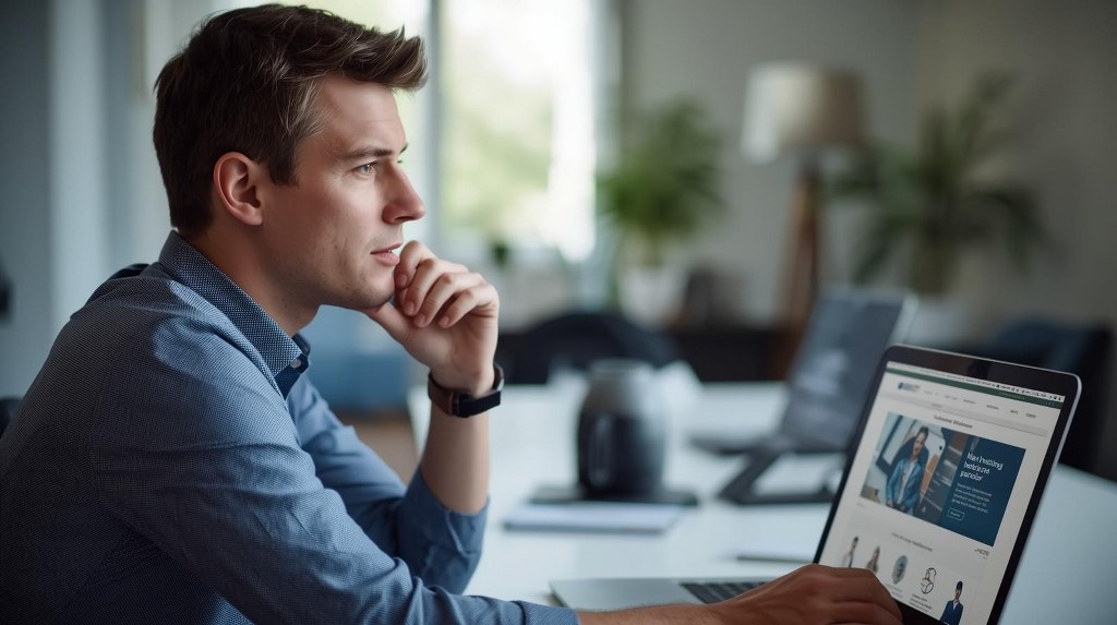 Man is looking intently at a laptop screen displaying various web hosting service comparison websites.