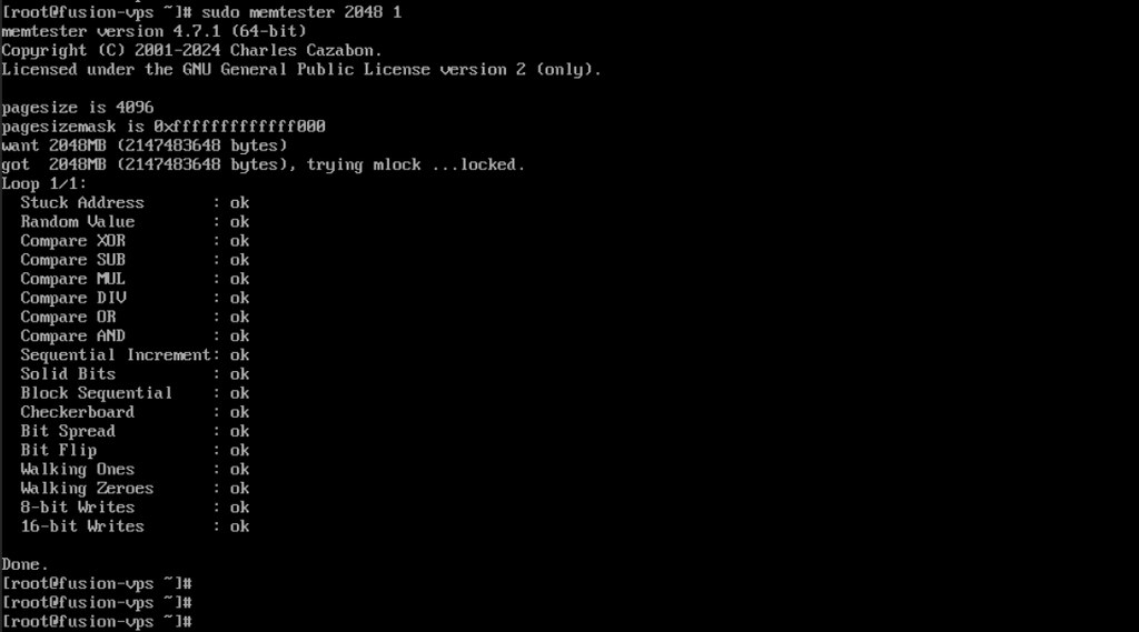 Memtester testing results screen.