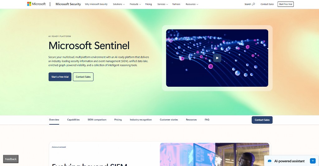 Microsoft Sentinel's website homepage.