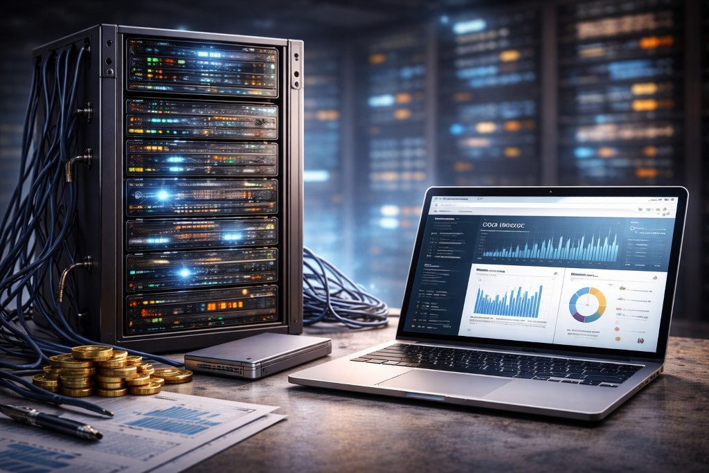 Private virtual server concept with coins and laptop on table.