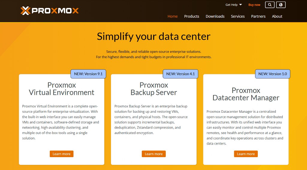 ProxMox website homepage.