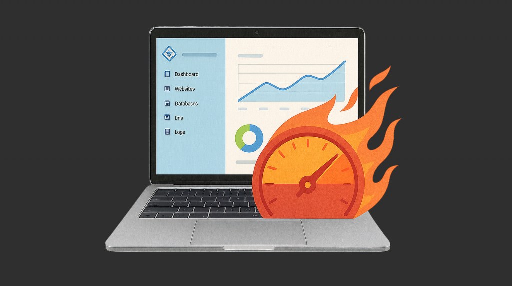 Realistic laptop with a blazing speedometer symbolizing CyberPanel